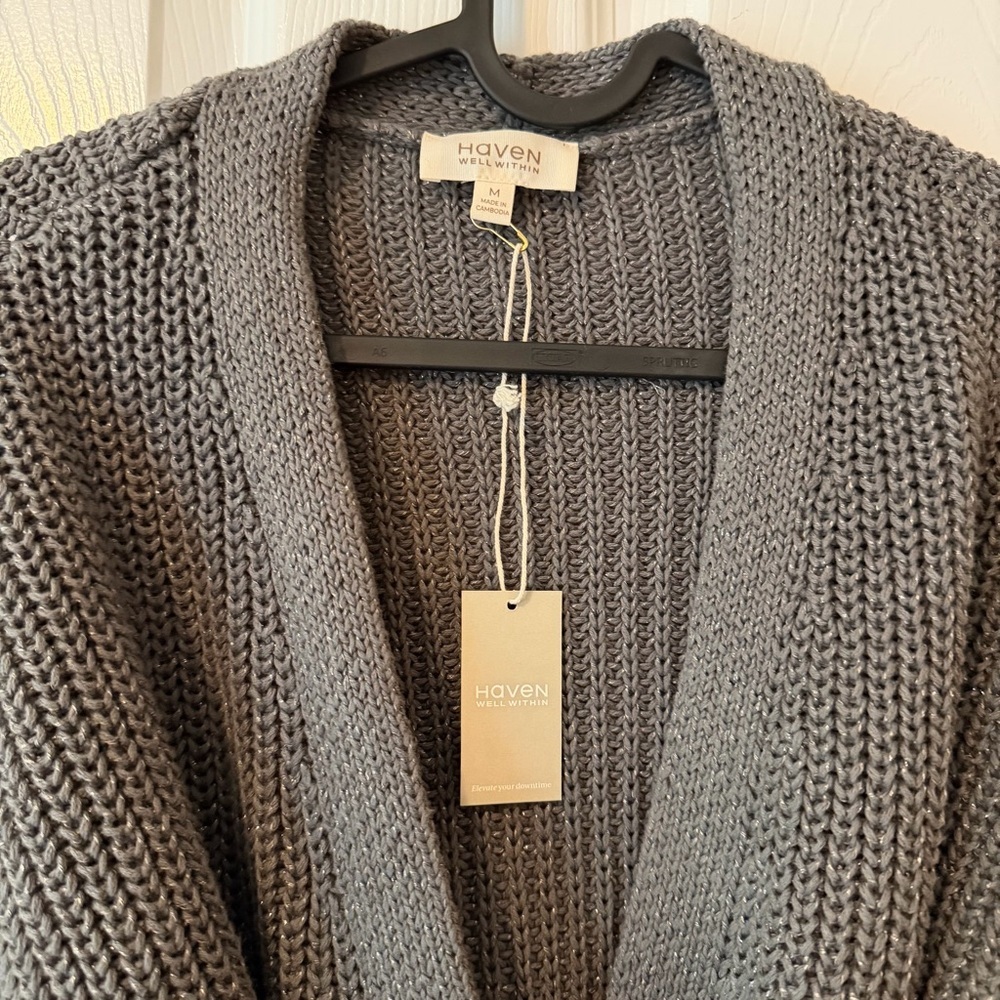 Haven Well Within Women's Gray Shimmer Knit Belted Cardigan Sweater - Picture 3 of 5